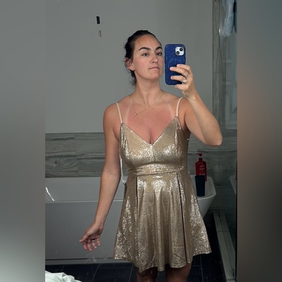 Lookout Weekend Sparkly Gold Skater Dress - Picture 3 of 12